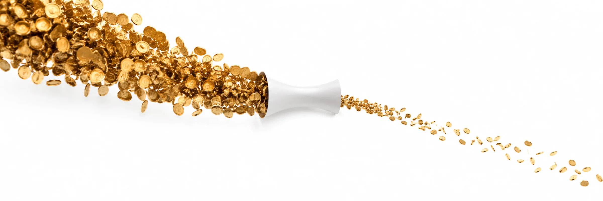 A stream of gold coins narrowing sharply as it passes through a white funnel