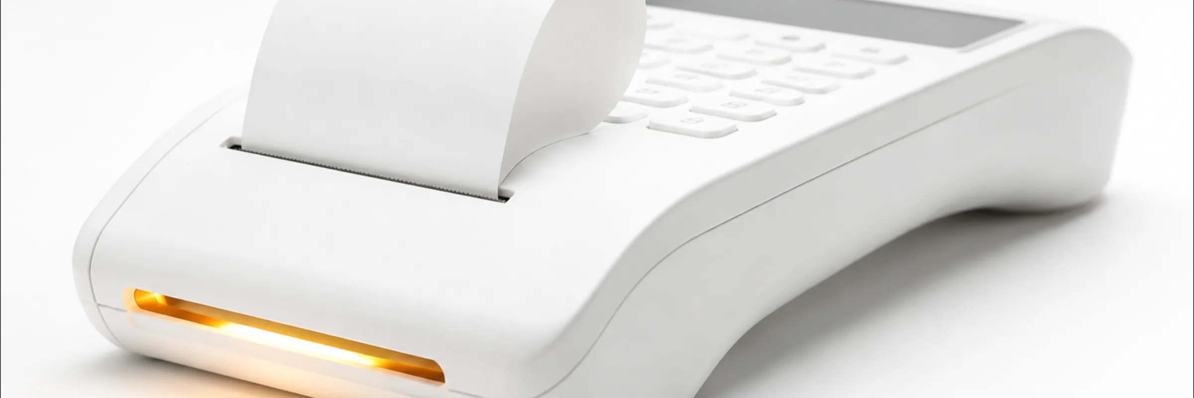 A white card terminal printing a blank receipt, gold light spilling from the card slot